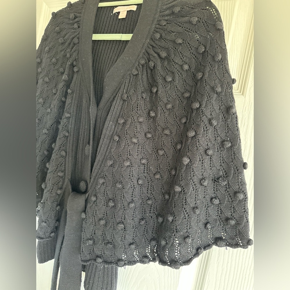 Rebecca Taylor Black Wool Blend Pompom Tie Front Cardigan Sweater - Picture 3 of 8